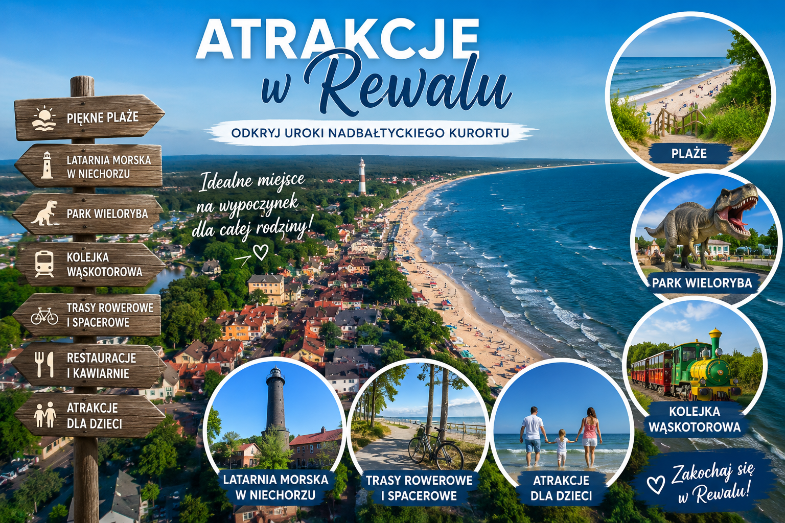 Panorama Rewala z plażą, latarnią morską, parkem wieloryba i kolejką wąskotorową