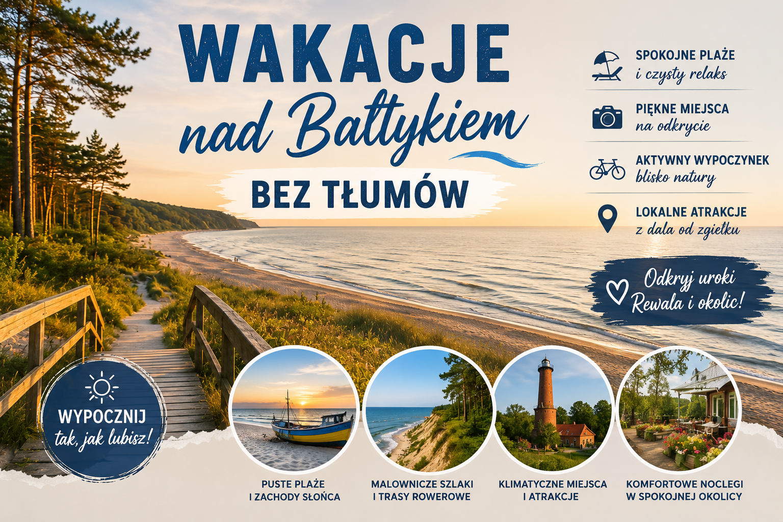 Wakacje nad Bałtykiem bez tłumów, pusta plaża o zachodzie słońca i atrakcje Rewala