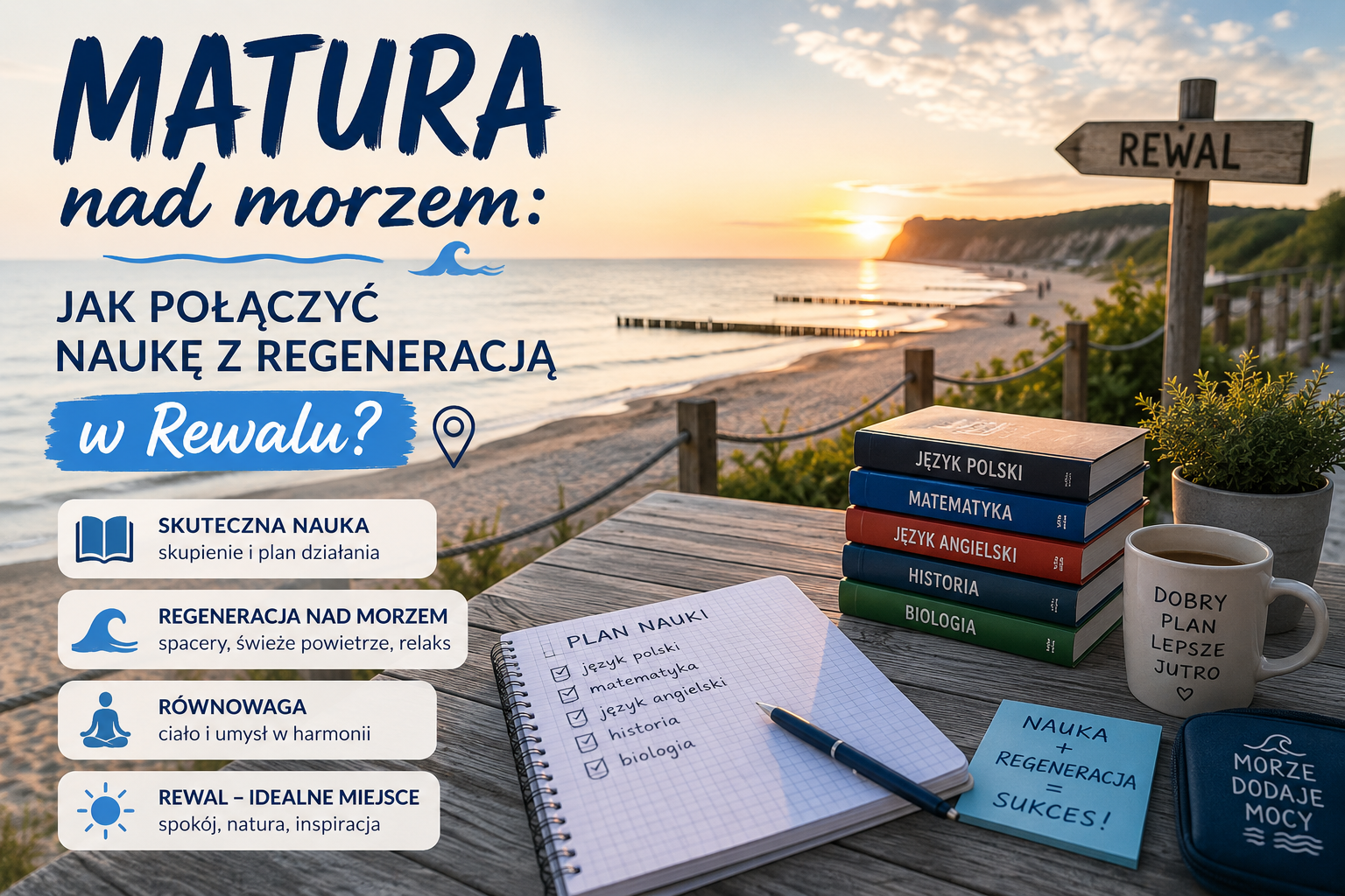 Stół z planem nauki, książkami i kubkiem na tle zachodu słońca nad morzem w Rewalu