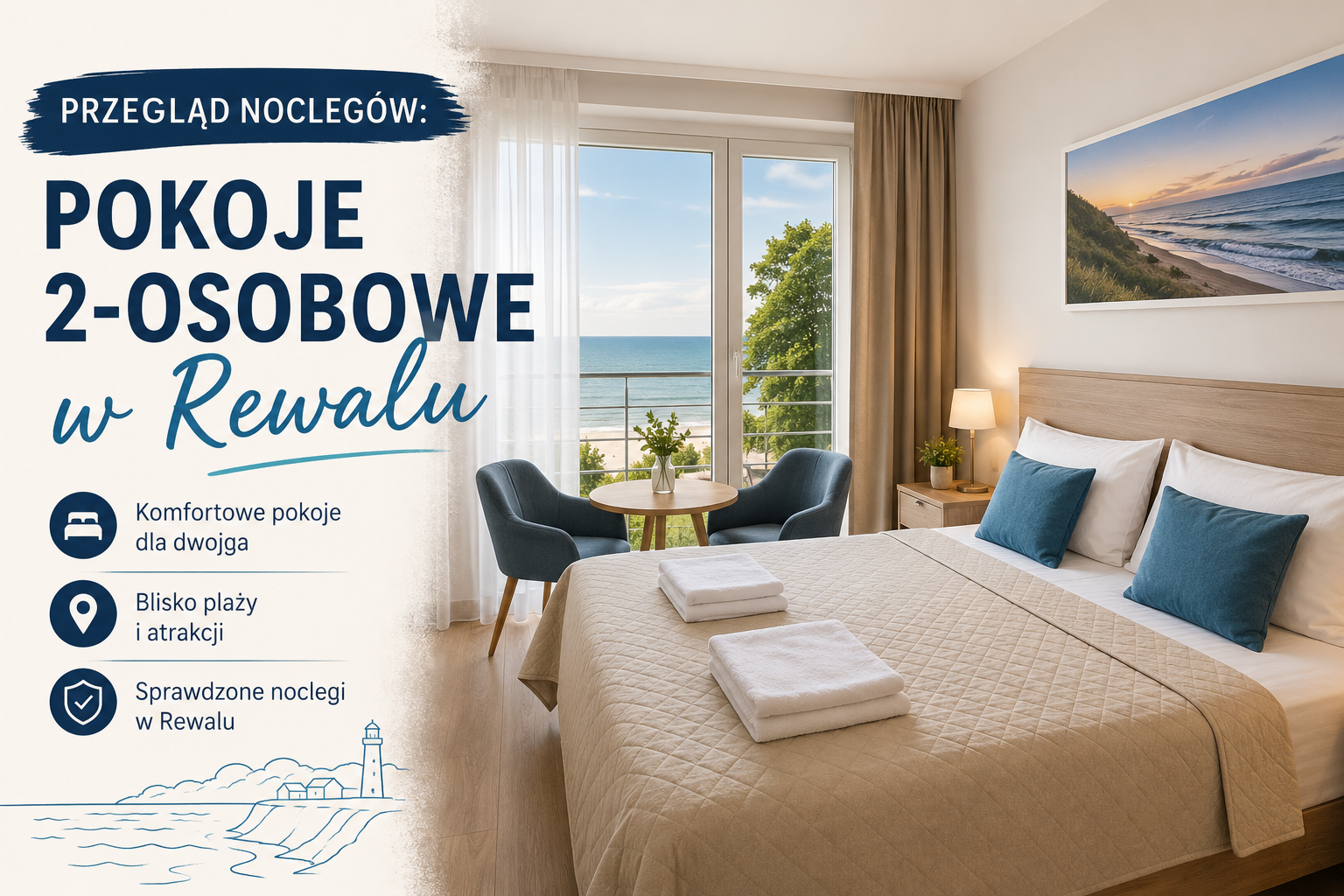 Jasny pokój 2-osobowy z widokiem na morze, łóżkiem małżeńskim i stolikiem przy oknie