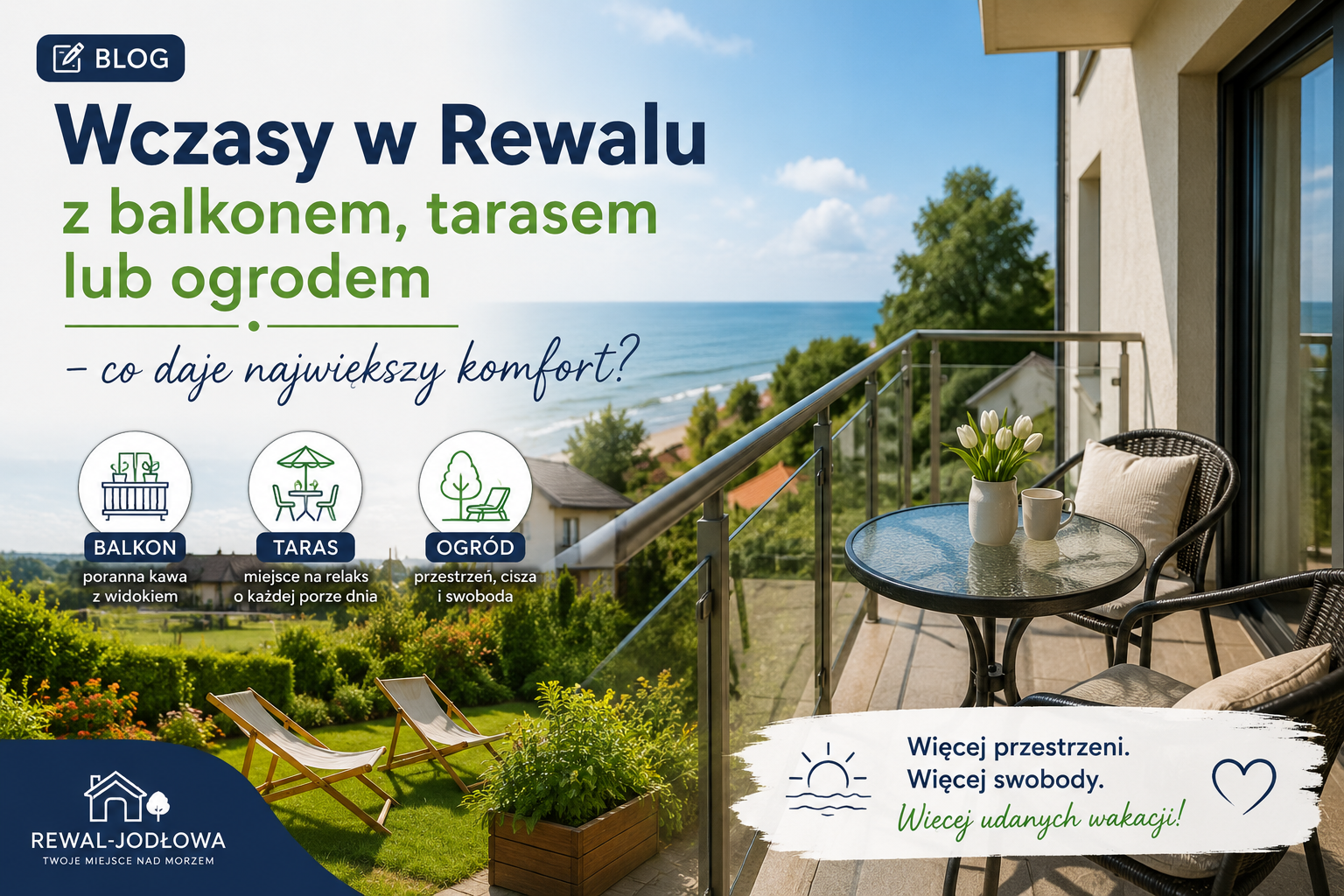 Balkon z widokiem na morze, stolik z kawą i leżaki w ogrodzie przy domu wakacyjnym