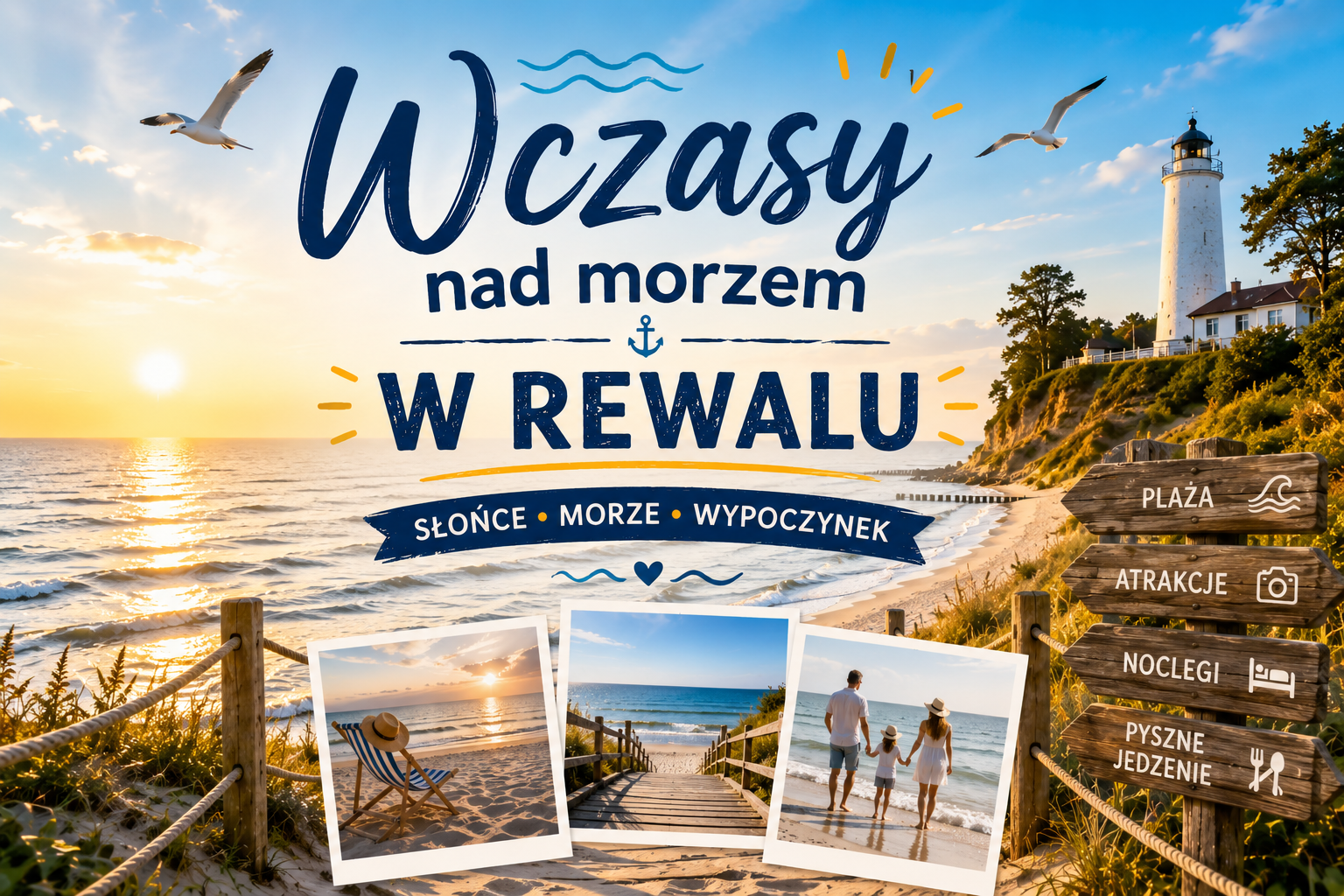 Wczasy nad morzem w Rewalu z latarnią morską, plażą, zachodem słońca i tablicami atrakcji