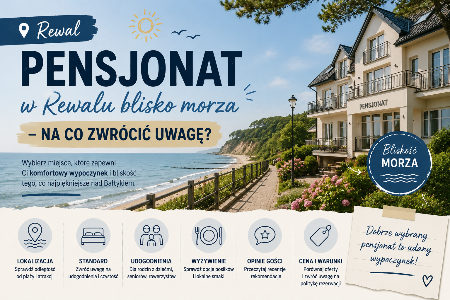 Pensjonat w Rewalu przy klifie i morzu, z promenadą, ogrodem i ikonami porad dla gości