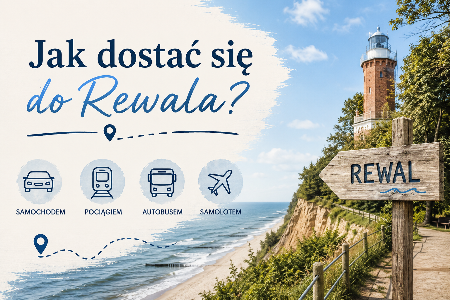 Rewal nad morzem, latarnia morska i znak kierunkowy, ikony dojazdu: samochód, pociąg, autobus, samolot