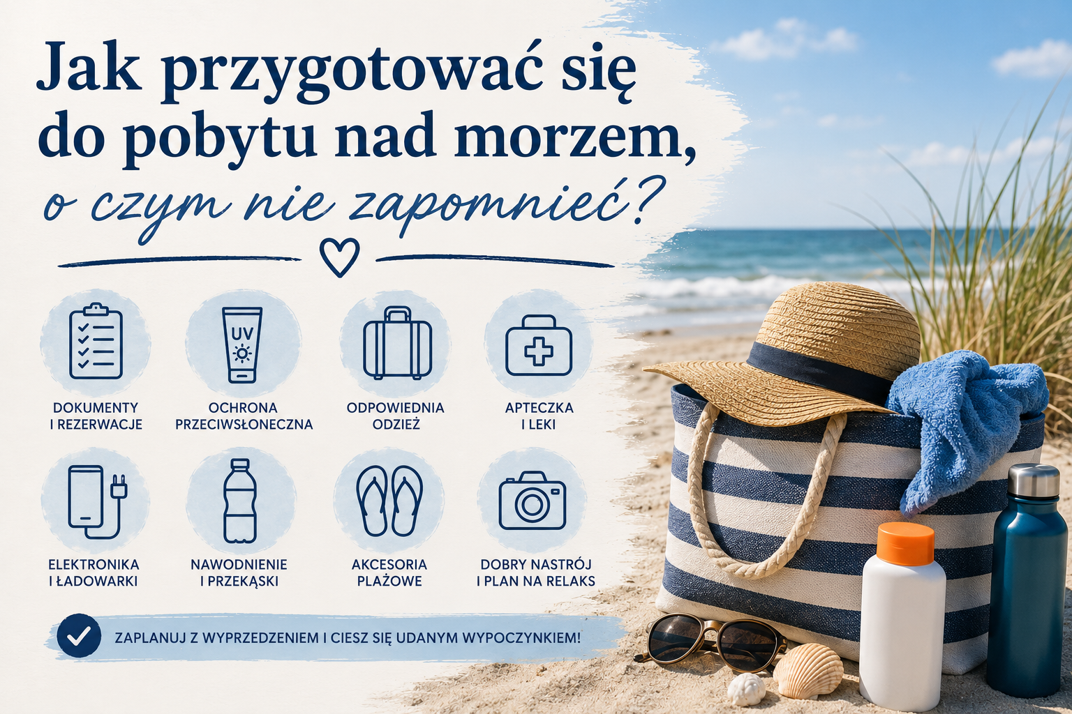 Lista rzeczy na wyjazd nad morze: dokumenty, krem UV, odzież, apteczka, ładowarki i akcesoria plażowe