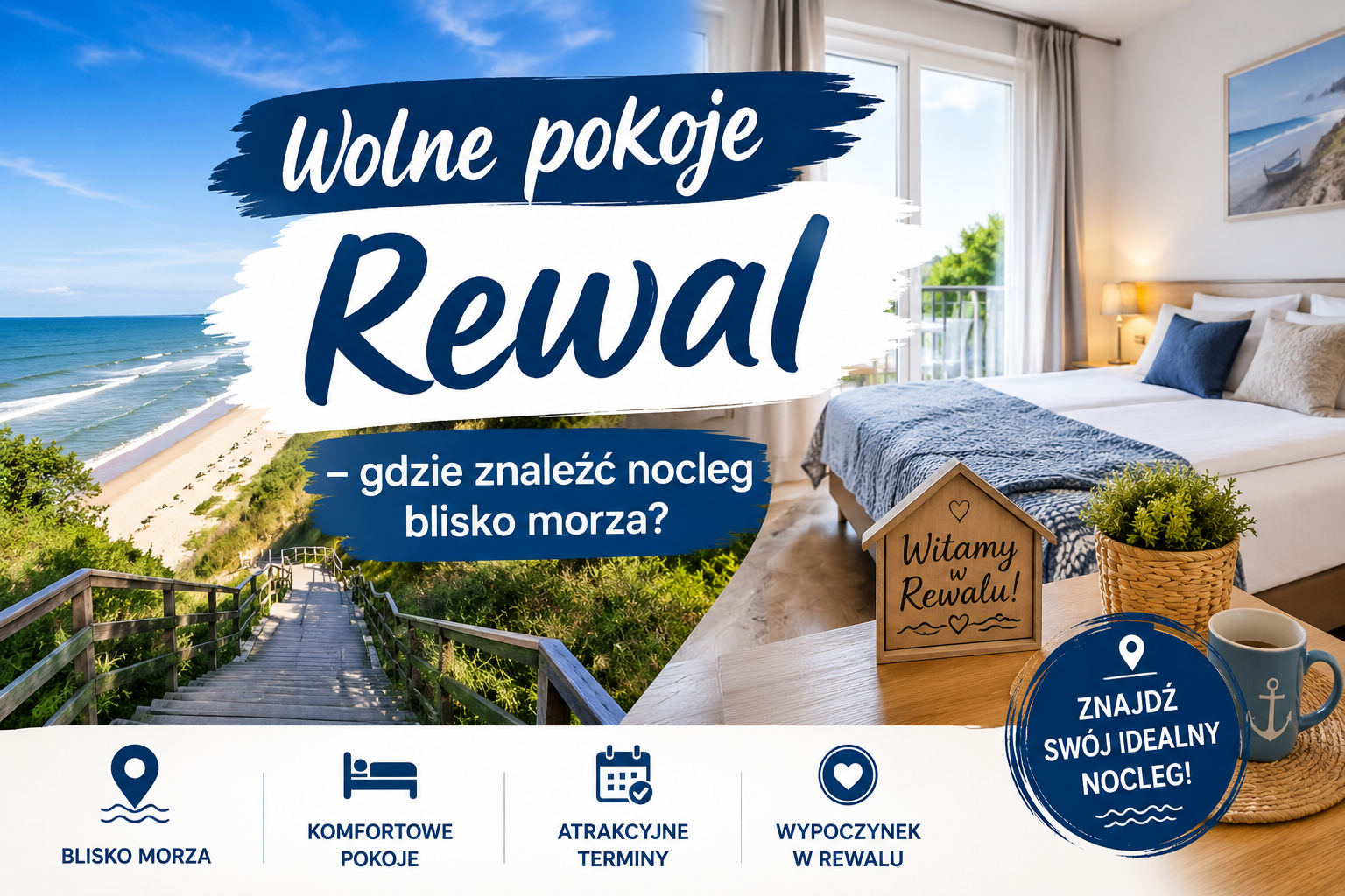 Pokój z widokiem na morze i plażę w Rewalu, z napisem „Wolne pokoje” i „Znajdź swój idealny nocleg”