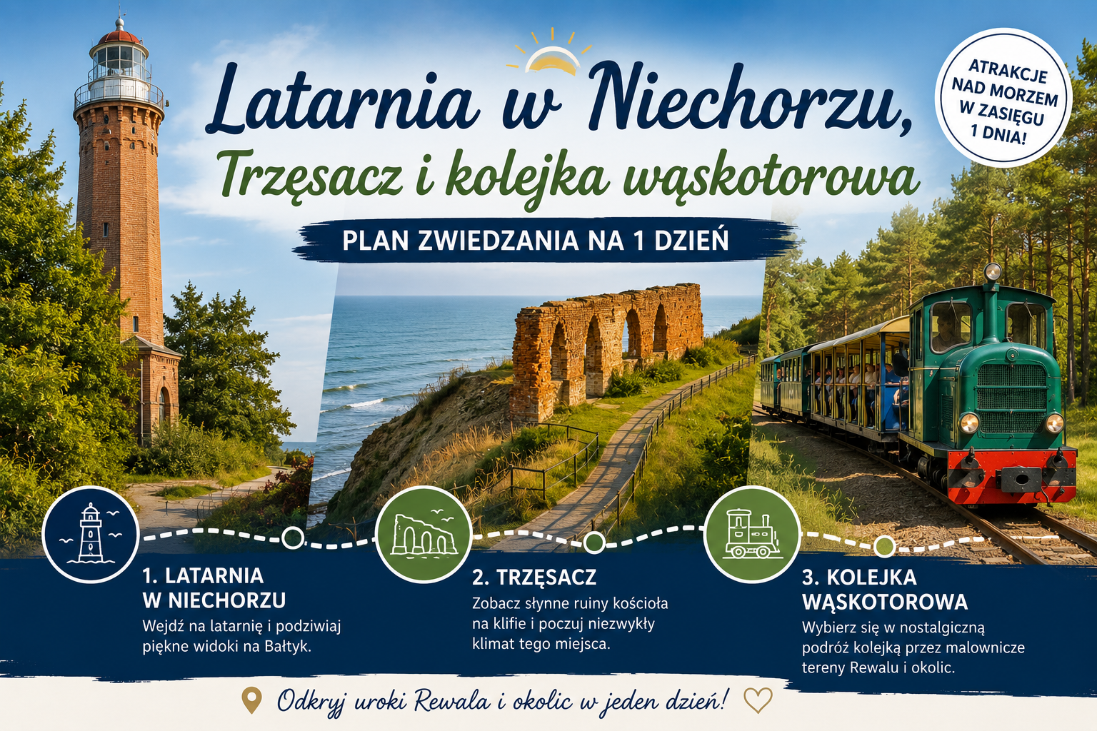 Latarnia w Niechorzu, ruiny kościoła w Trzęsaczu i kolejka wąskotorowa na trasie zwiedzania 1 dnia