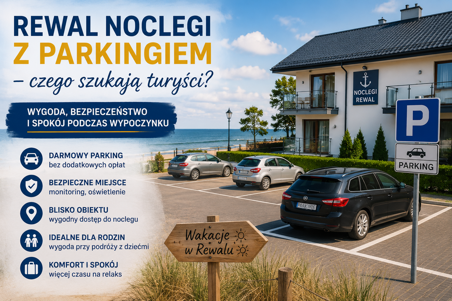 Noclegi w Rewalu z parkingiem przy pensjonacie nad morzem i zaparkowane samochody