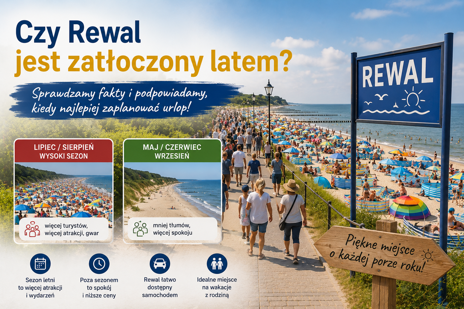 Tłoczna plaża i promenada w Rewalu latem, z tablicą „REWAL” i turystami spacerującymi nad morzem