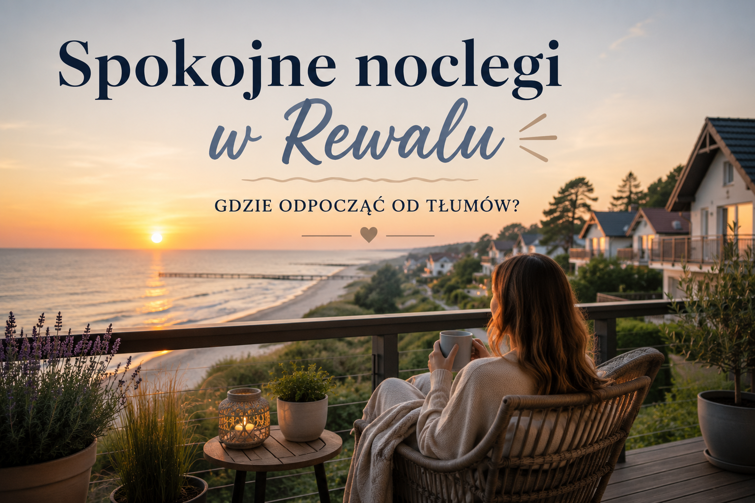 Kobieta na tarasie z widokiem na morze o zachodzie słońca w Rewalu, z kubkiem w dłoniach