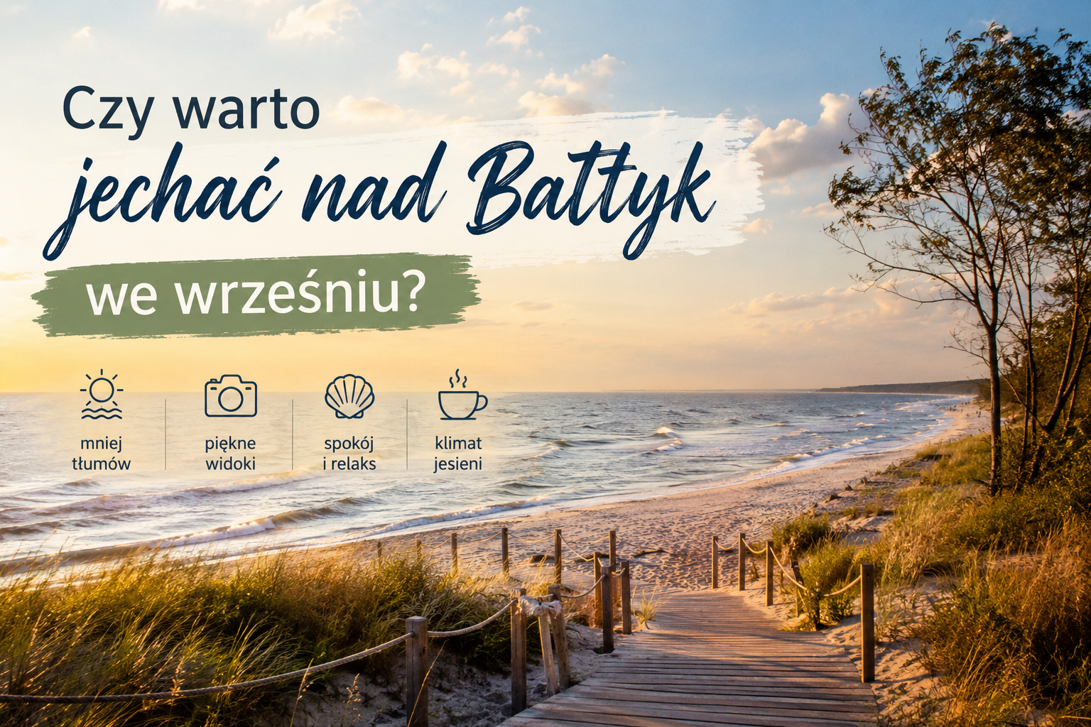 Piaszczysta plaża nad Bałtykiem o zachodzie słońca, drewniana kładka i napis o wyjeździe we wrześniu