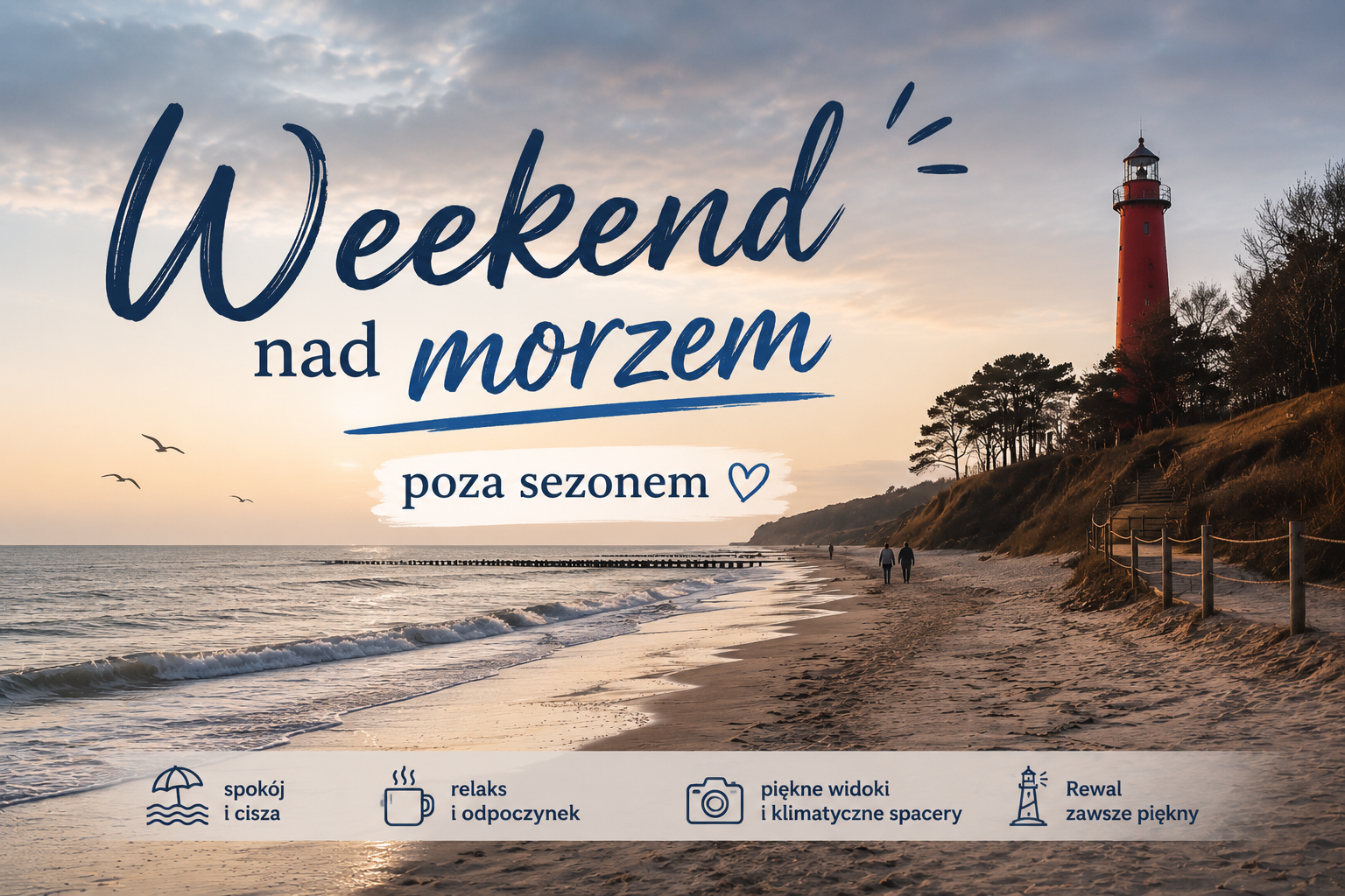 Plaża w Rewalu o zachodzie słońca, latarnia morska i napis „Weekend nad morzem poza sezonem”