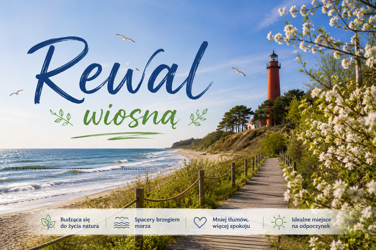 Wiosenny Rewal: latarnia morska, plaża, drewniana promenada i kwitnące drzewa nad morzem