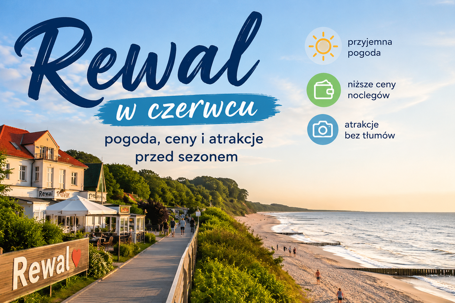Rewal: plaża, promenada i napis o czerwcu, pogodzie, niższych cenach i atrakcjach bez tłumów